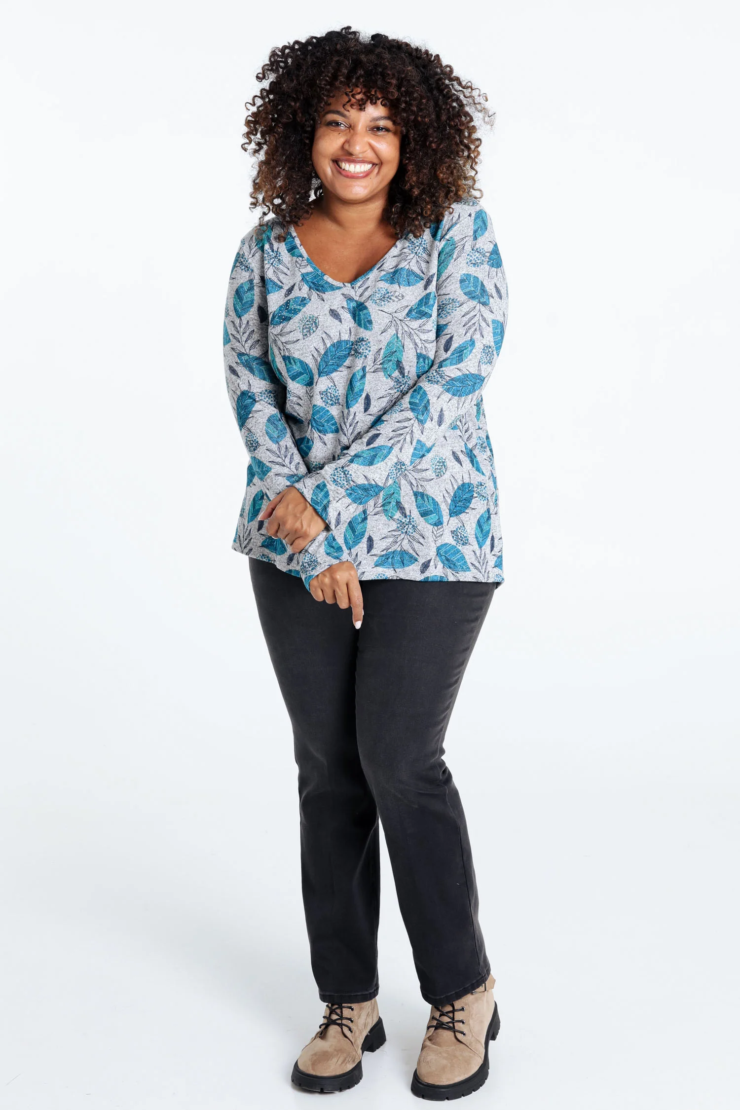 Warm gebreid T-shirt met bladprint en strasssteentjes - Image 7