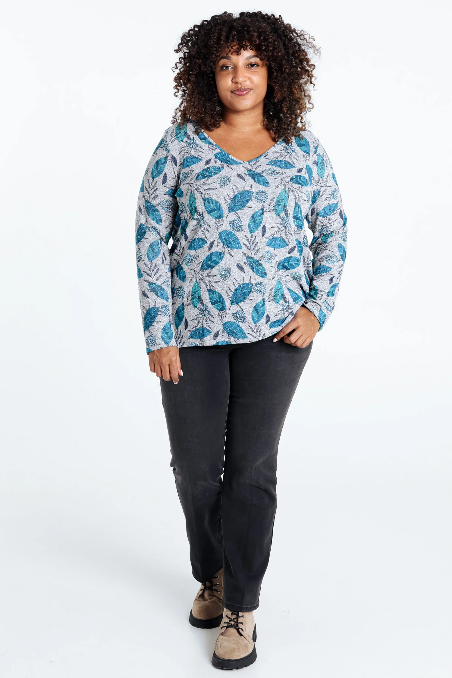 Warm gebreid T-shirt met bladprint en strasssteentjes - Image 8
