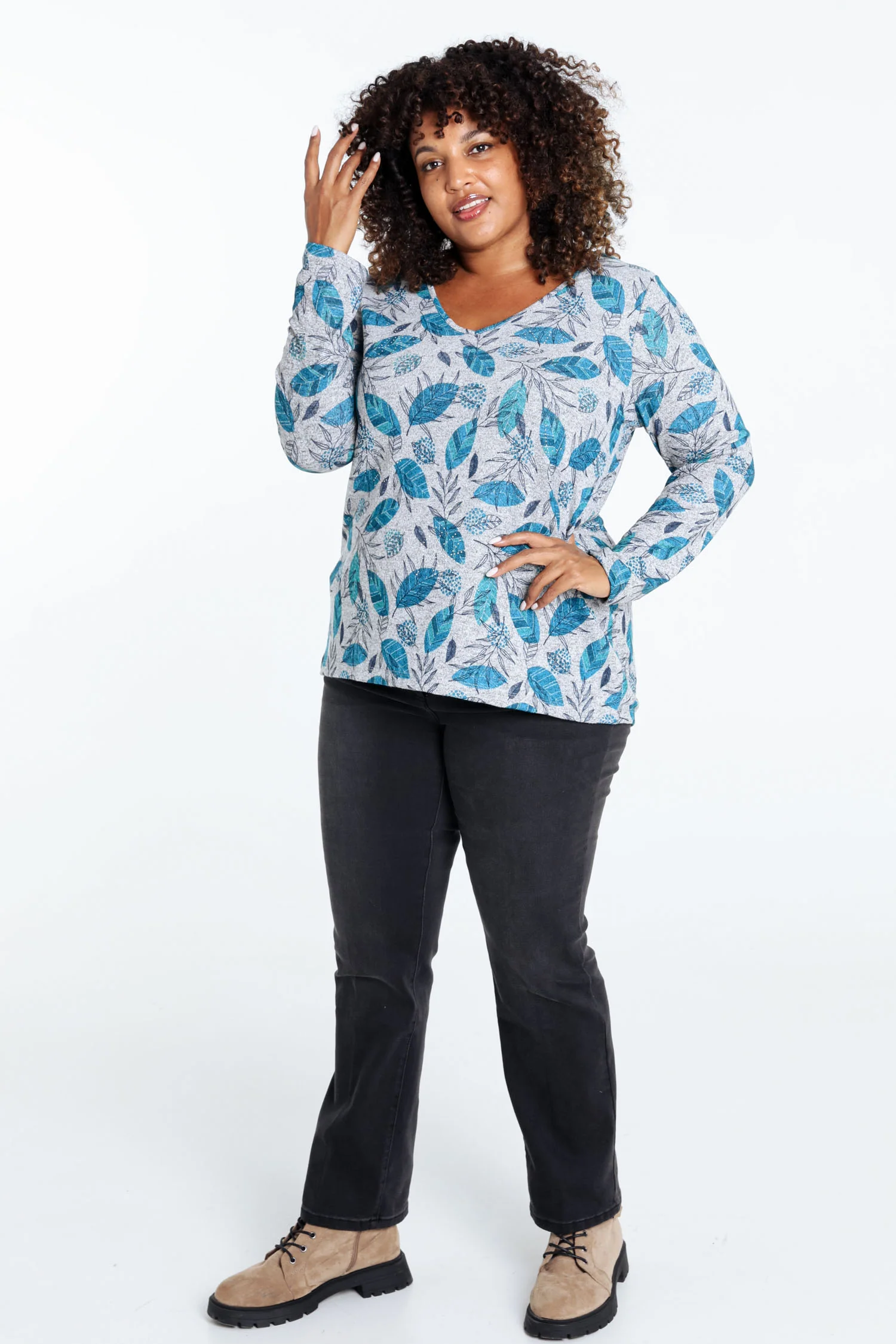 Warm gebreid T-shirt met bladprint en strasssteentjes - Image 9