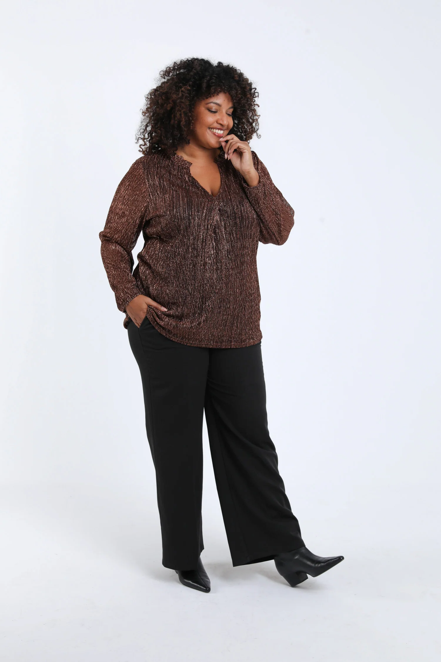 Effen geplooid T-shirt met lurex - Image 7