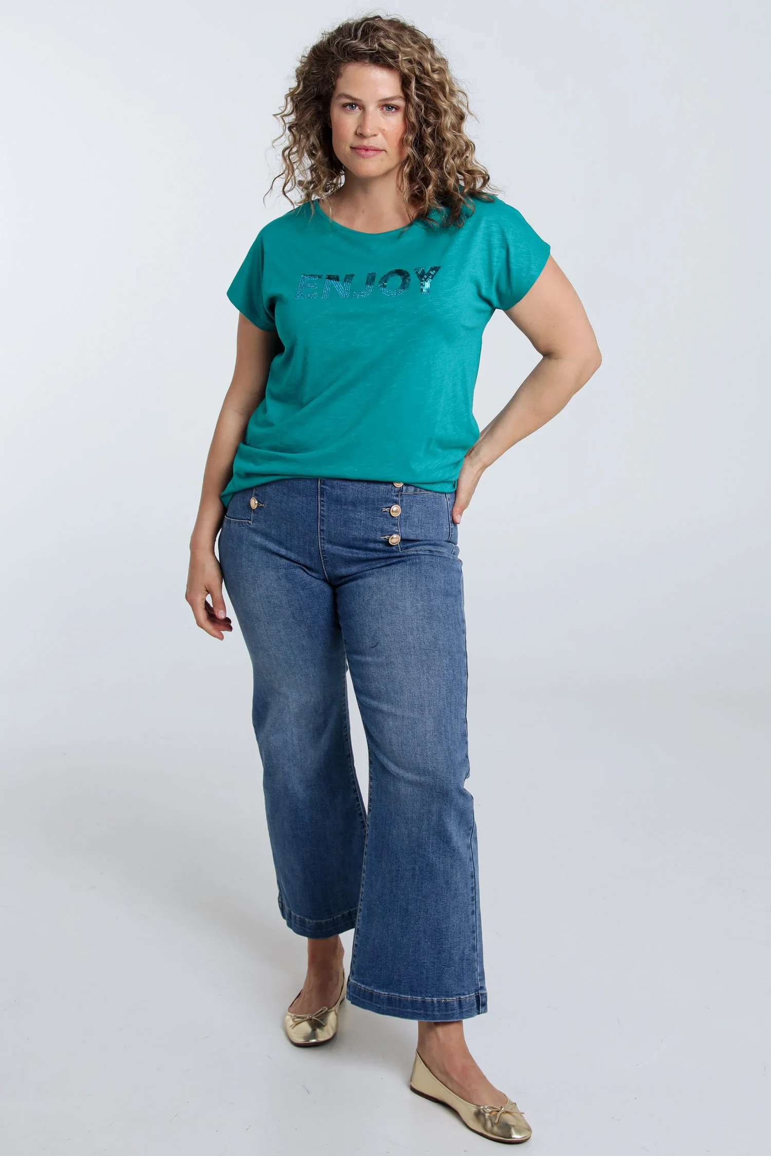 Effen T-shirt met borduring Enjoy en pailletten - Image 18