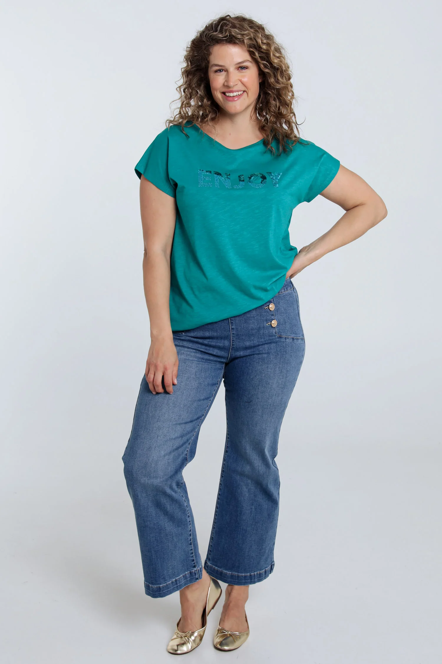 Effen T-shirt met borduring Enjoy en pailletten - Image 20