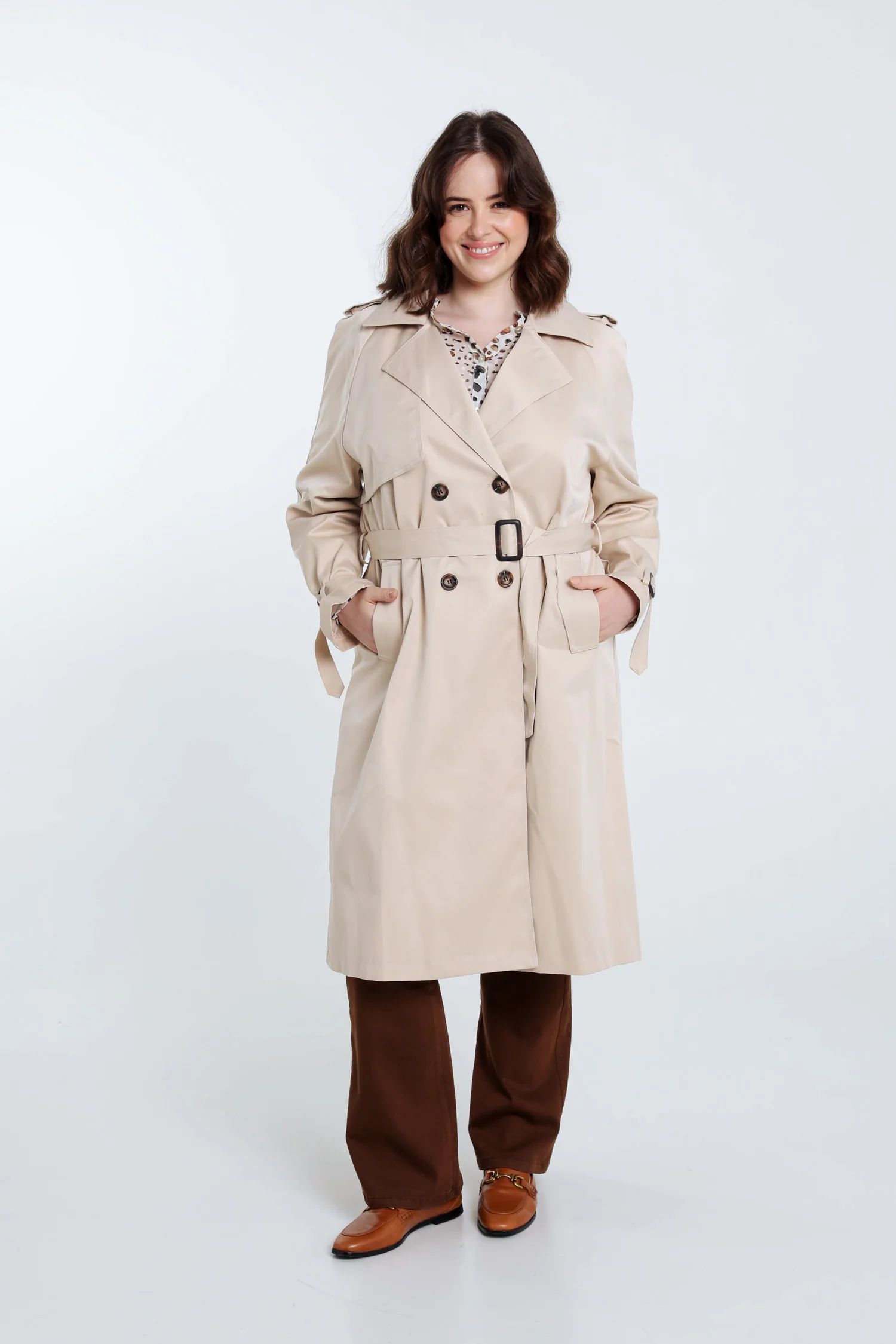 Halflange, effen trenchcoat met dubbele rij knopen - Image 7