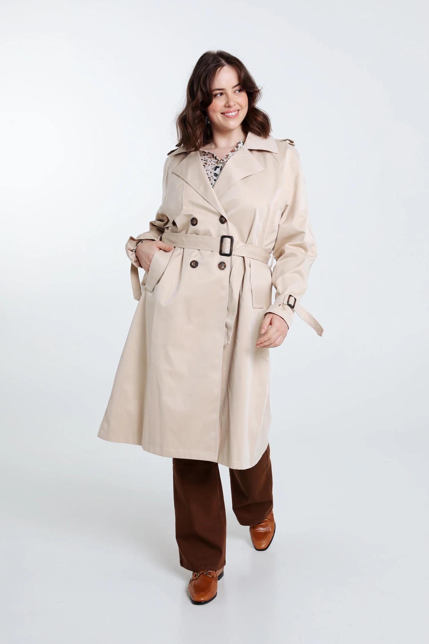 Halflange, effen trenchcoat met dubbele rij knopen - Image 8